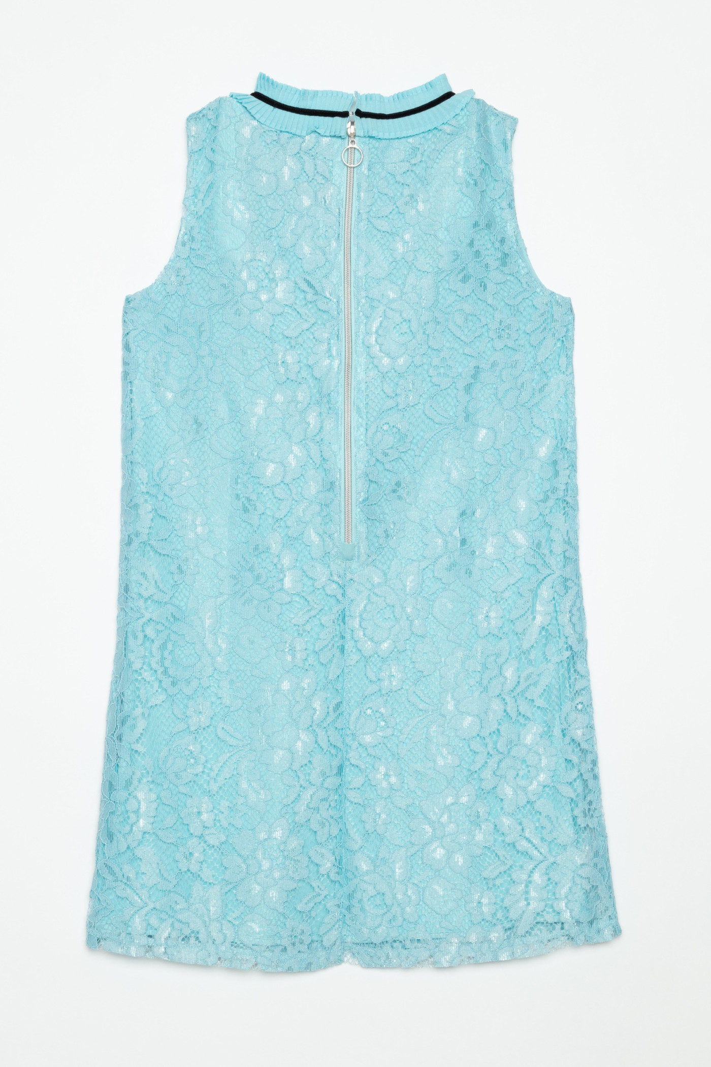 Niebieska sukienka z koronki ze zdobieniem przy szyi