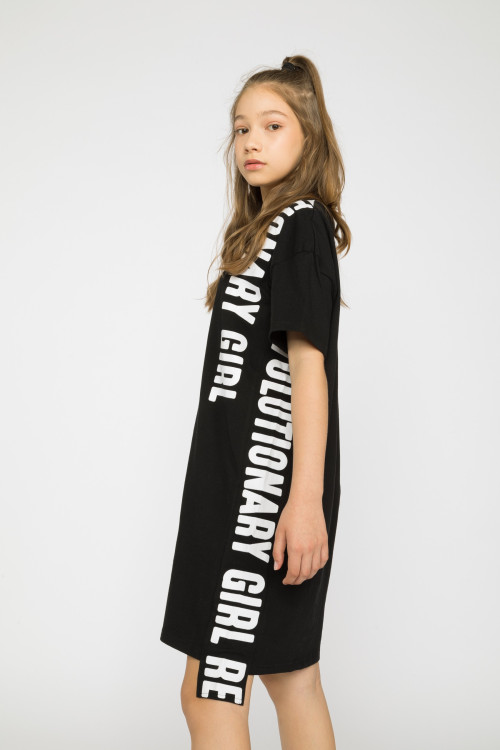 Czarna t-shirtowa sukienka dla dziewczyny z lampasami