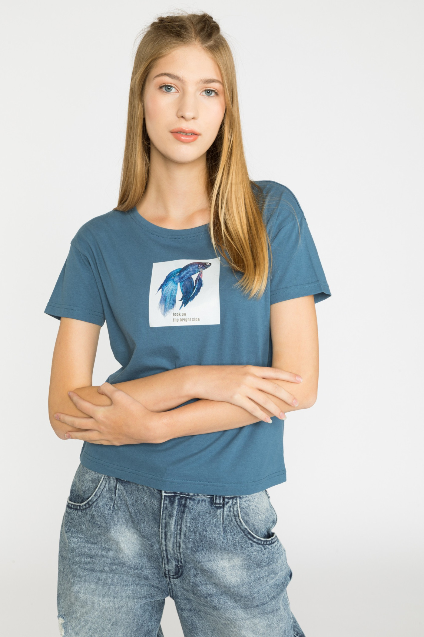 Niebieski t-shirt dla dziewczyny LOOK ON THE BRIGHT SIDE