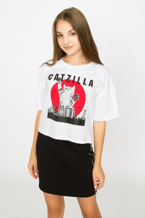 Biały t-shirt dla dziewczyny CATZILLA