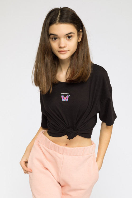 Czarny t-shirt dla dziewczyny BUTTERFLY