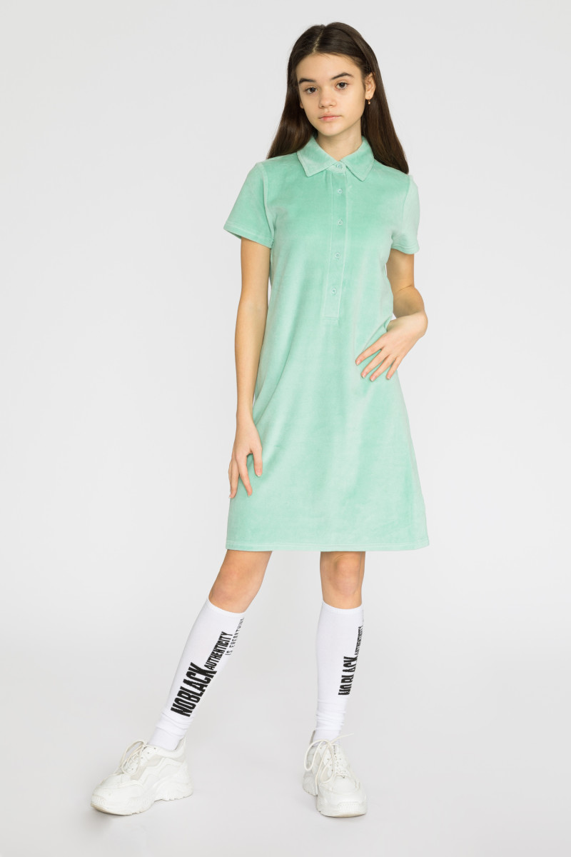Miętowa welurowa sukienka dla dziewczyny z kołnierzykiem, miętowy