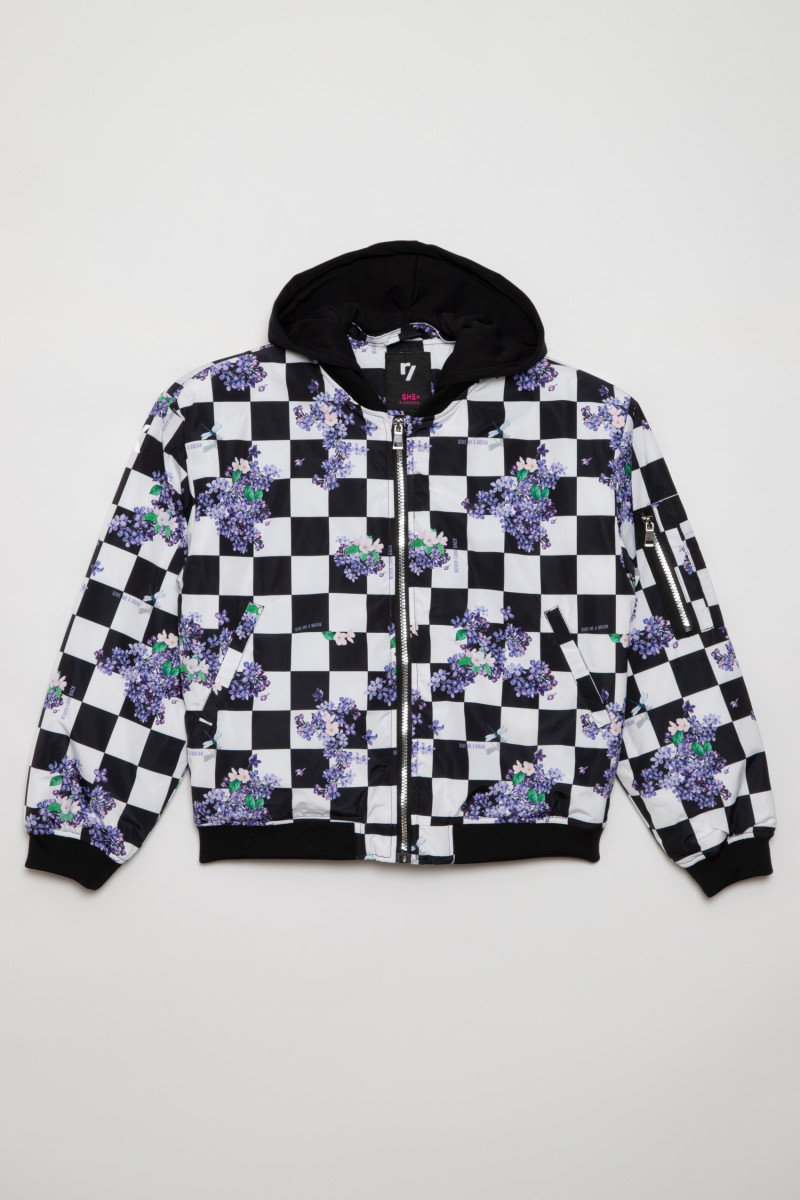 Wzorzysta kurtka przejściowa typu bomber z odpinanym kapturem