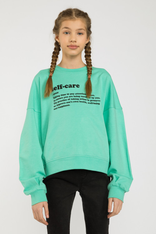 Miętowa bluza z nadrukiem SELF CARE dla dziewczyny