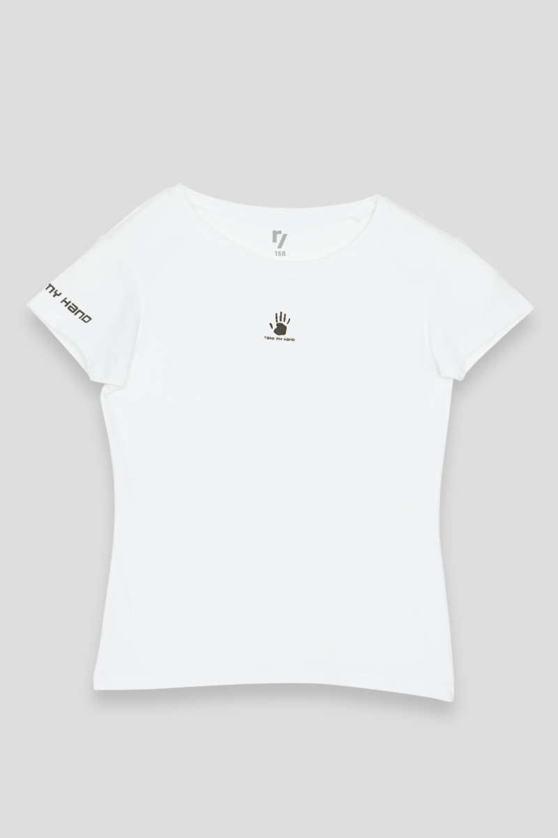 Biały t-shirt z nadrukiem TAKE MY HAND
