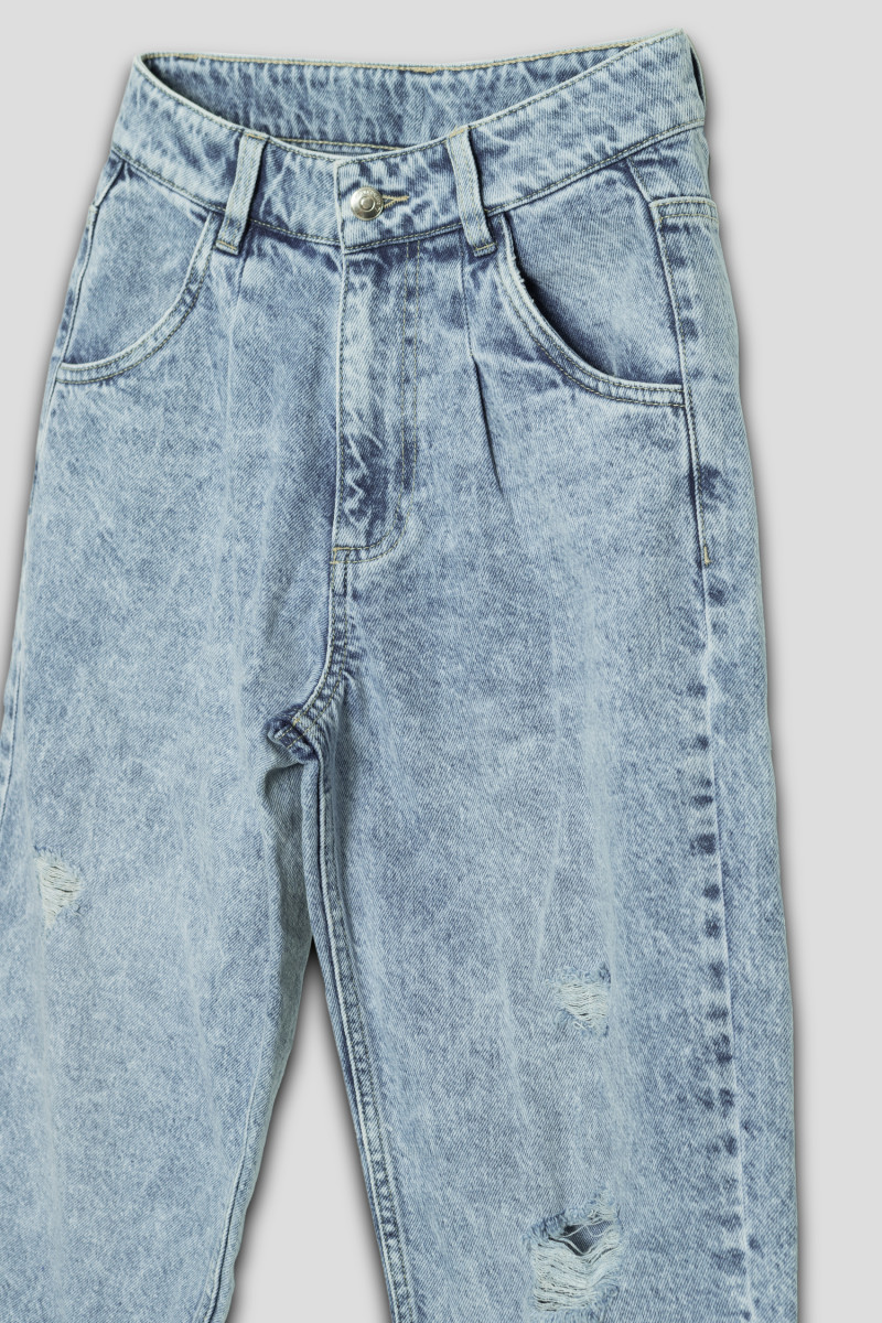 Niebieskie marmurkowe jeansy z wysokim stanem