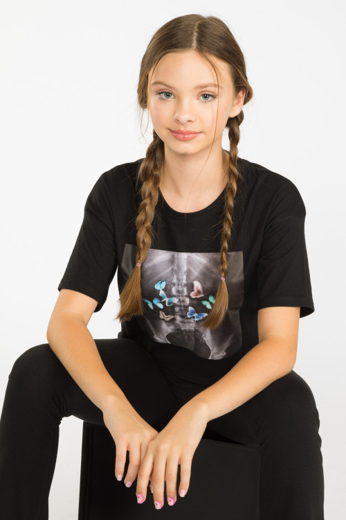 Czarny T-shirt dziewczęcy z nadrukiem RTG | Reporter 