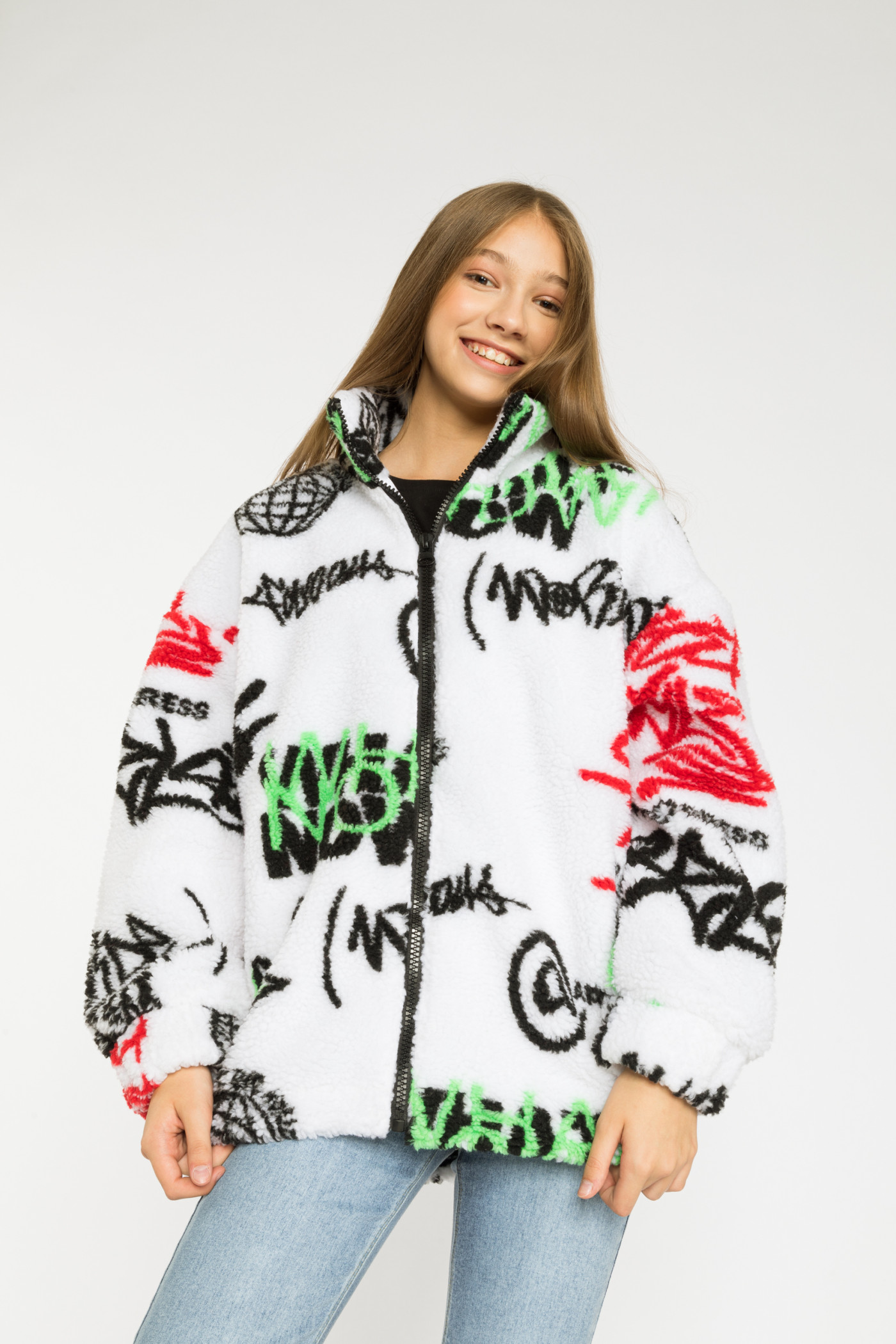 Biała przejściowa kurtka unisex ze sztucznego baranka