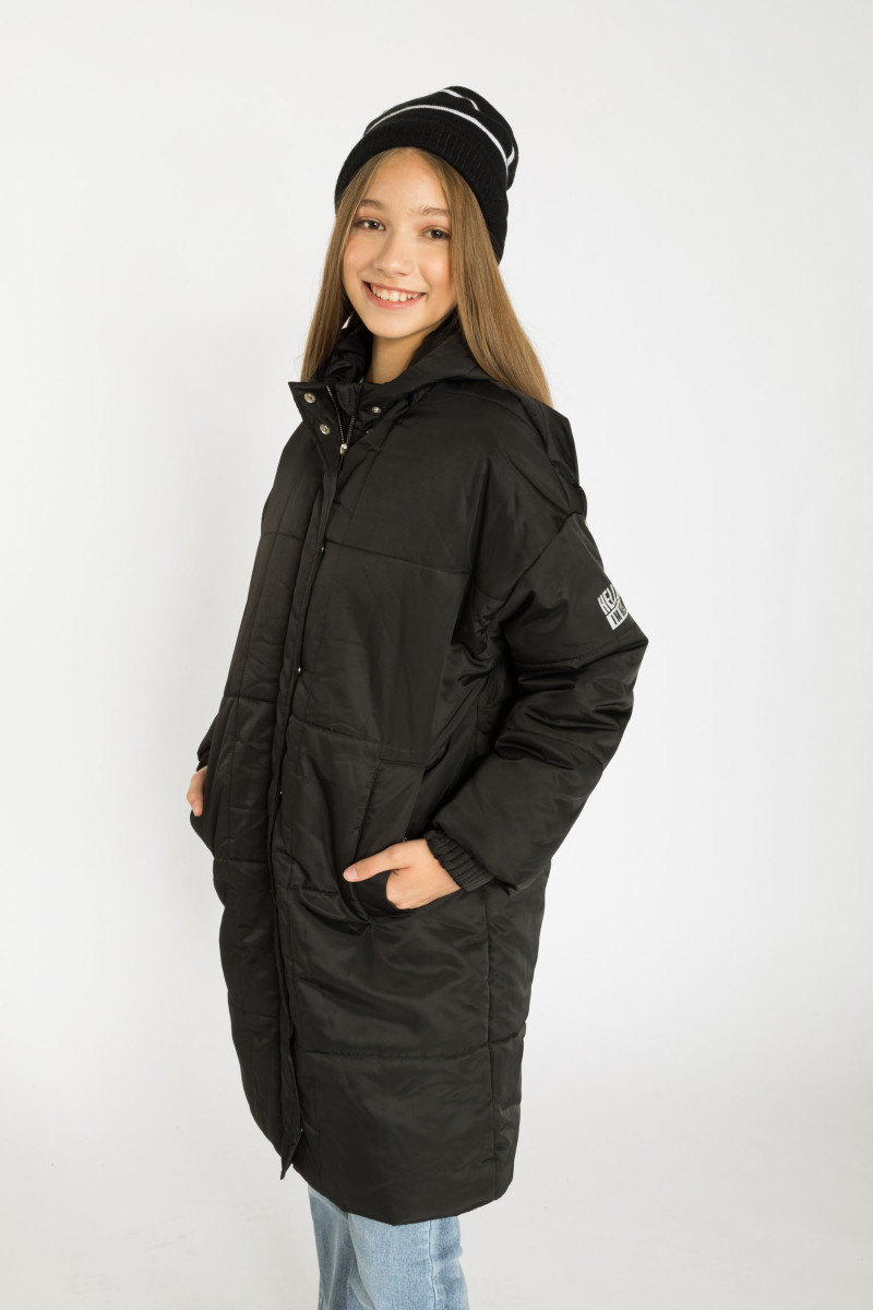 Czarna ocieplana przedłużana kurtka z kapturem, czarny