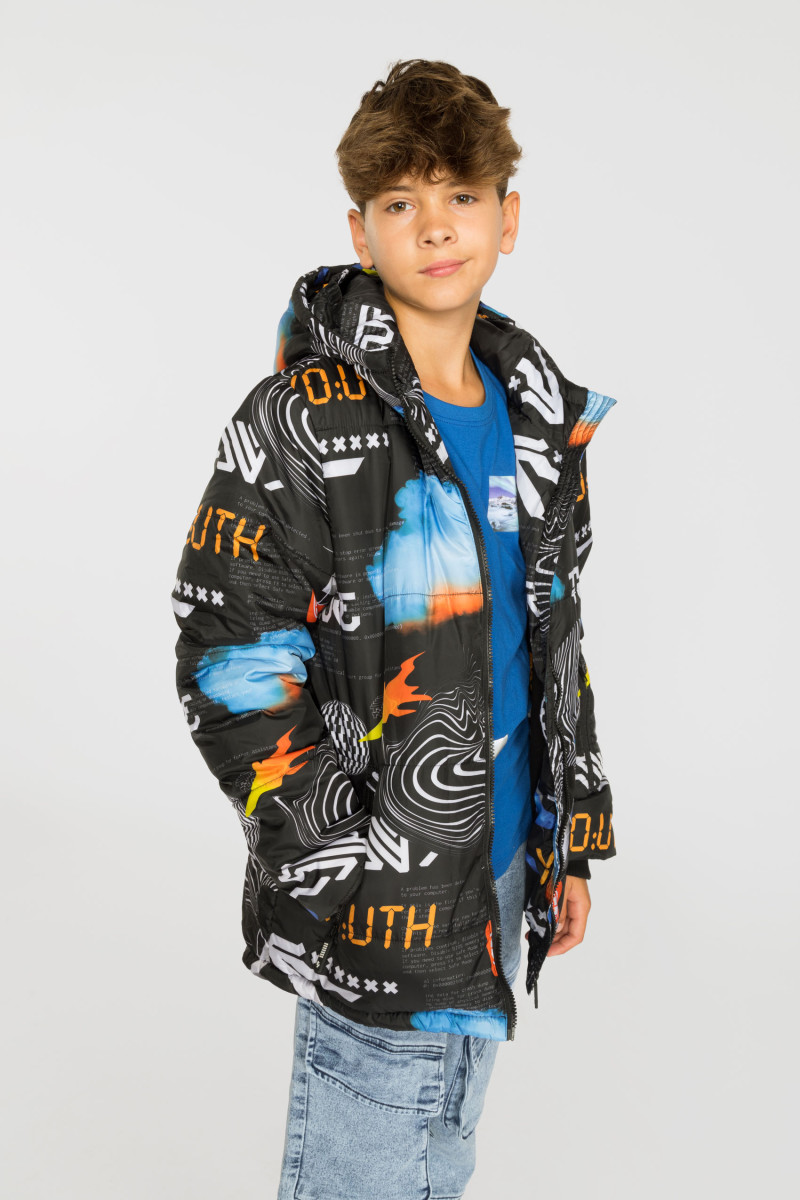 Wzorzysta ocieplana pikowana kurtka z kapturem