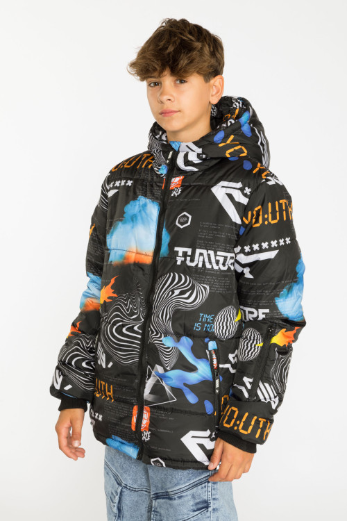 Wzorzysta ocieplana pikowana kurtka z kapturem