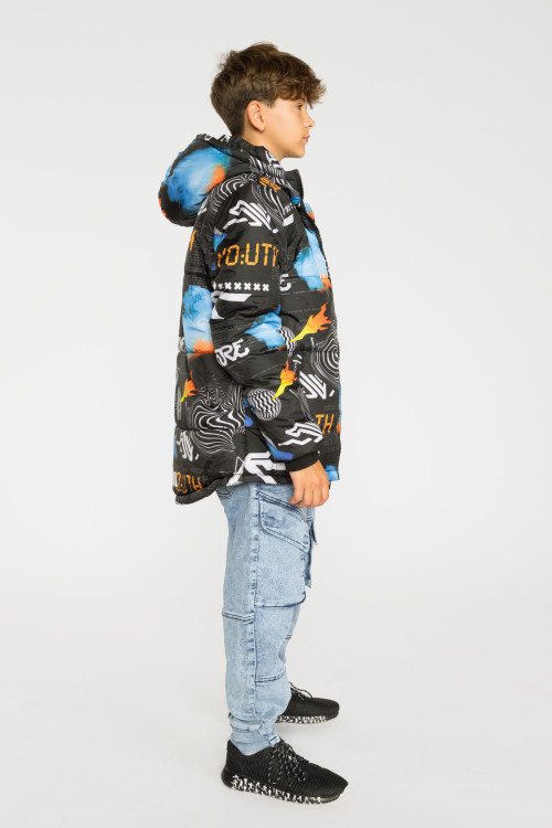 Wzorzysta ocieplana pikowana kurtka z kapturem