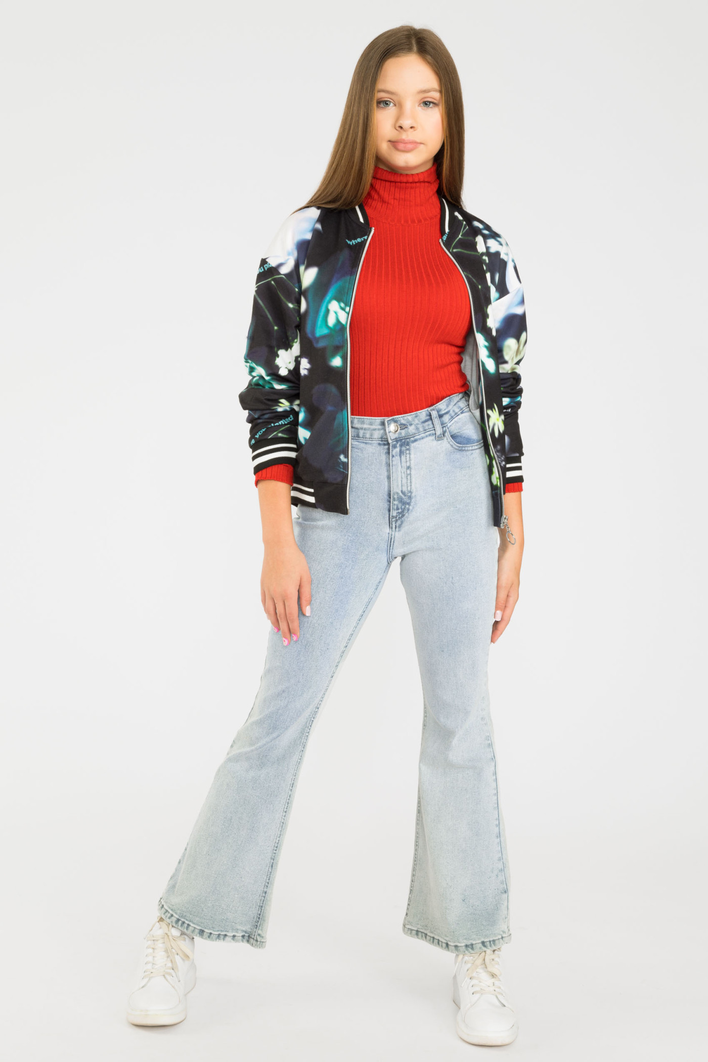 Wzorzysta turkusowa bluza dresowa a'la bomberka