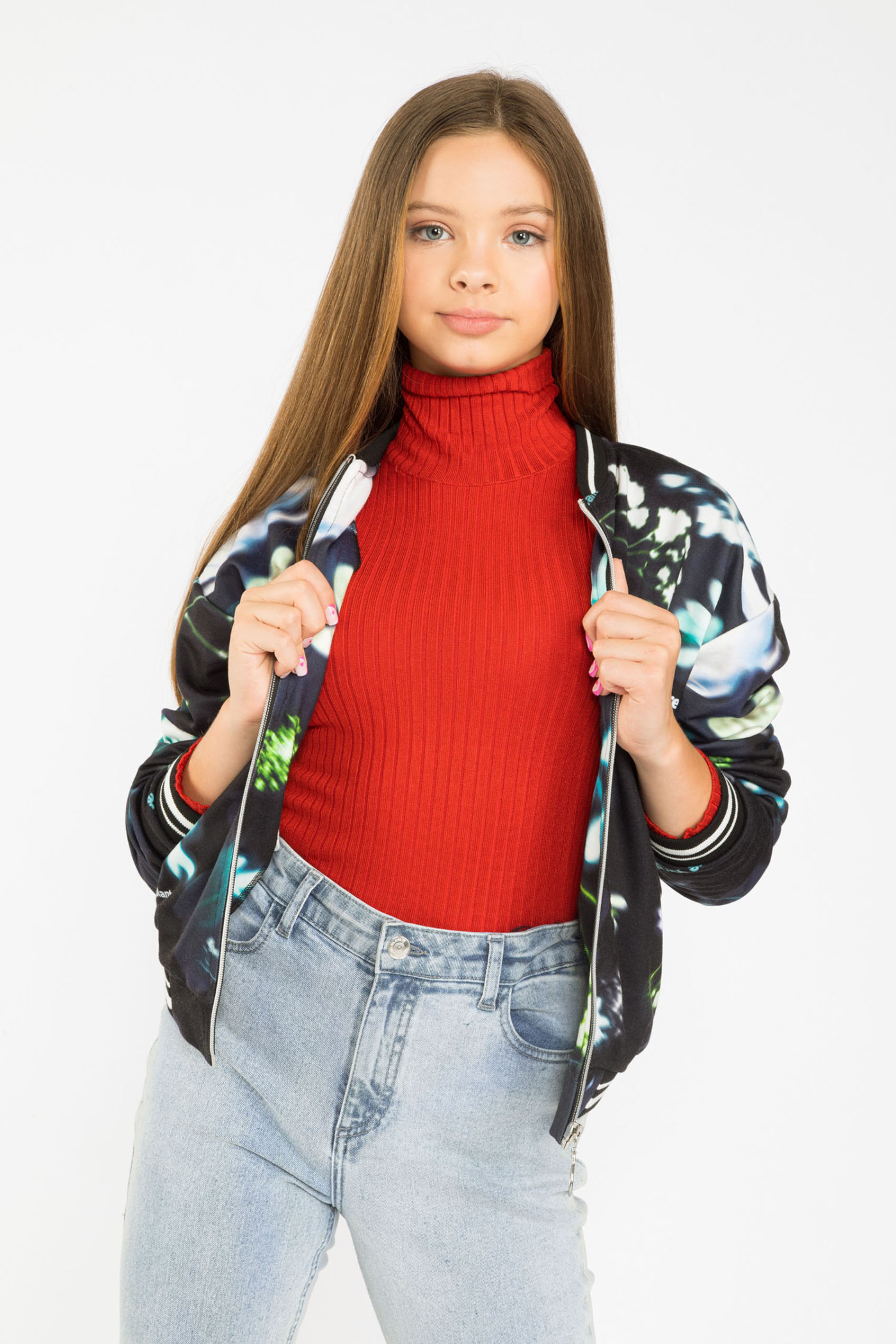 Wzorzysta turkusowa bluza dresowa a'la bomberka