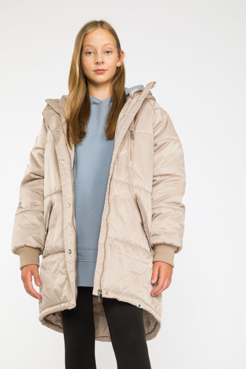 Beżowa przedłużana ocieplana kurtka z kapturem