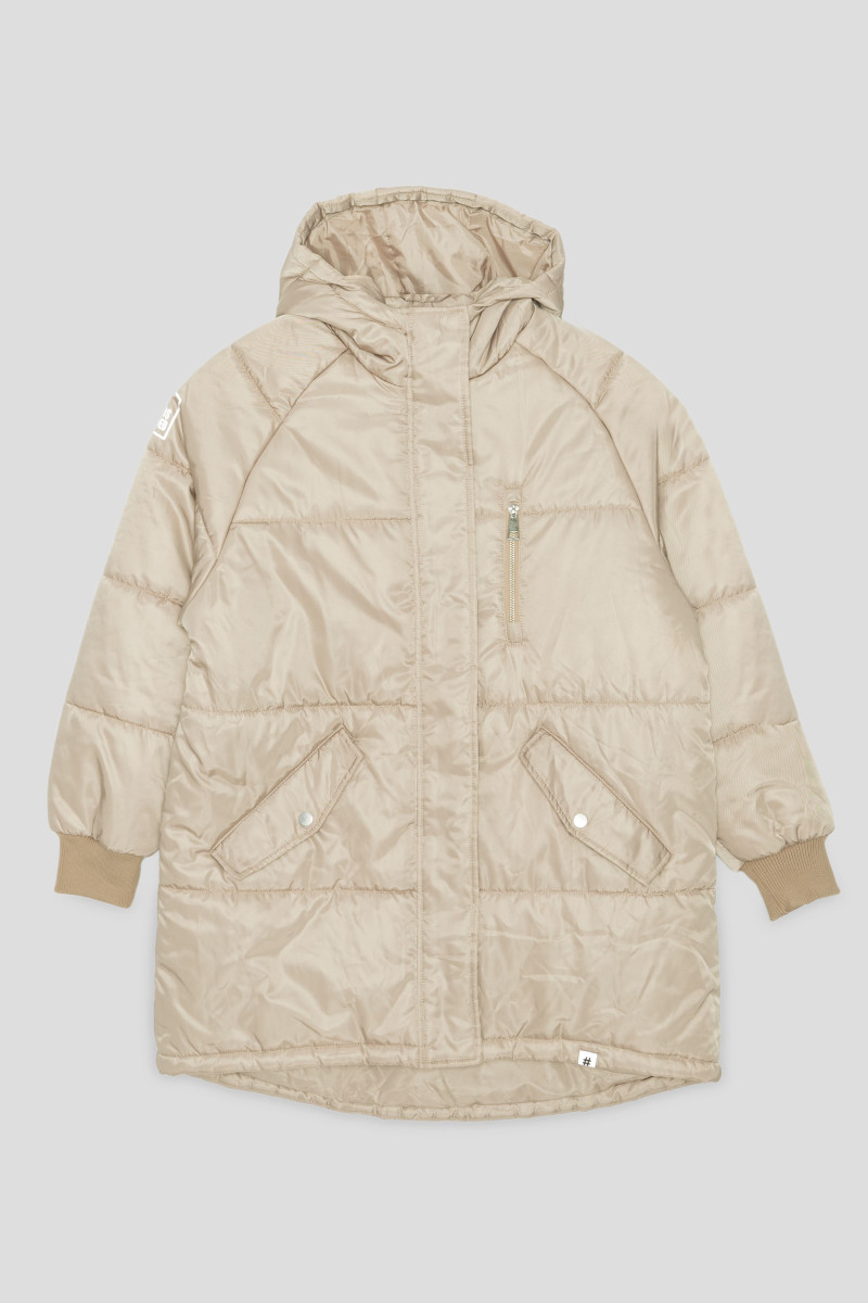 Beżowa przedłużana ocieplana kurtka z kapturem