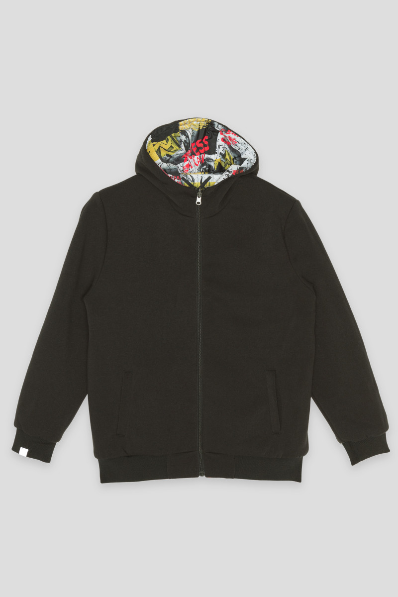 Wielobarwna wzorzysta dwustronna kurtka przejściowa z kapturem, multikolor