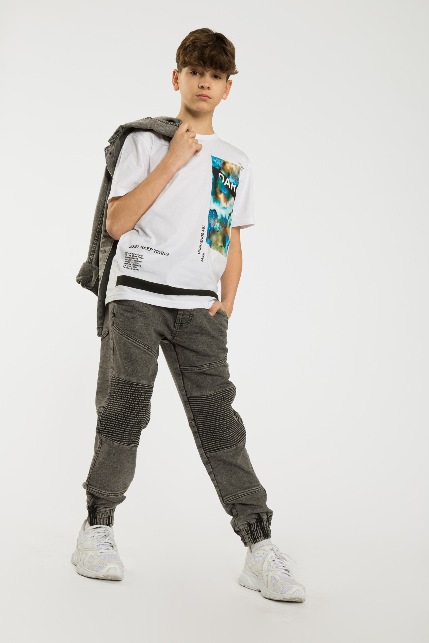 Szare jeansy jogger chłopięce z przeszyciami | Reporter 