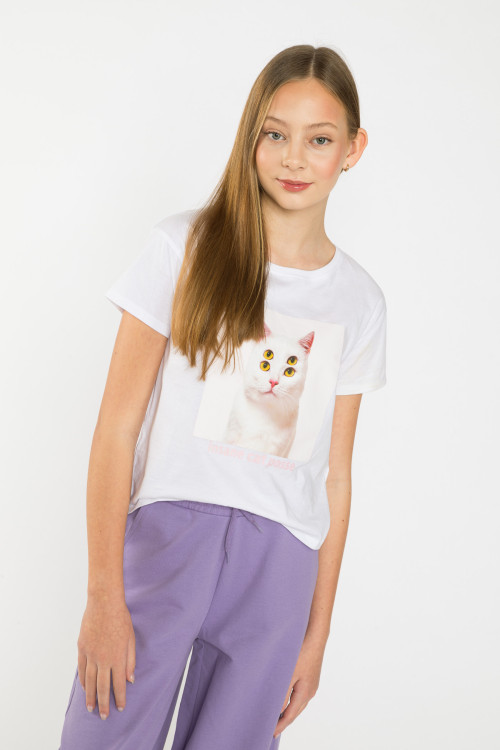Biały T-shirt dziewczęcy z kotem | Reporter 