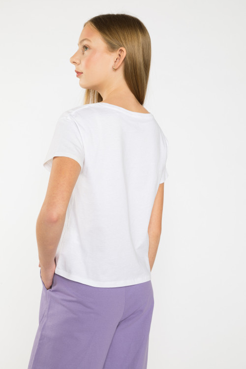 Biały T-shirt dziewczęcy z kotem | Reporter 