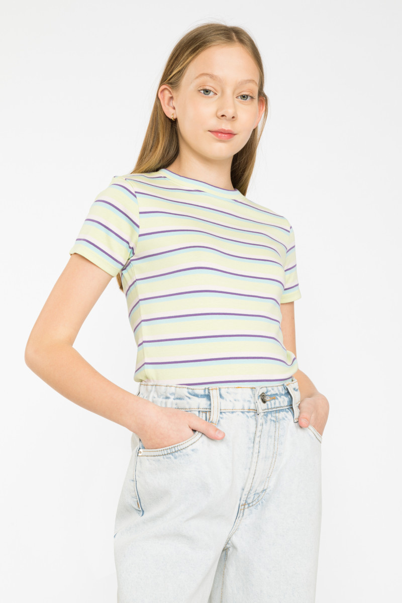 Żółty pastelowy t-shirt w paski, multikolor