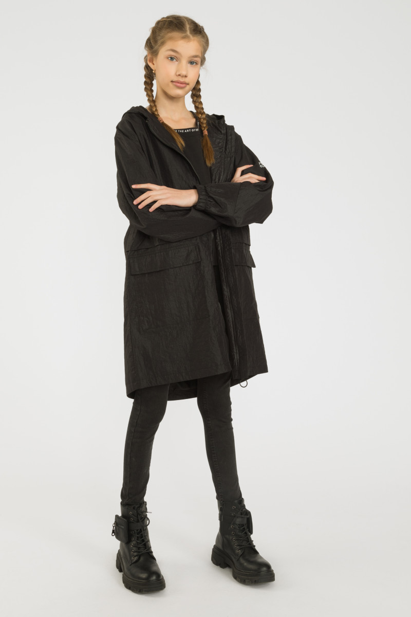 Czarna przedłużana kurtka przejściowa z kapturem typu parka, czarny