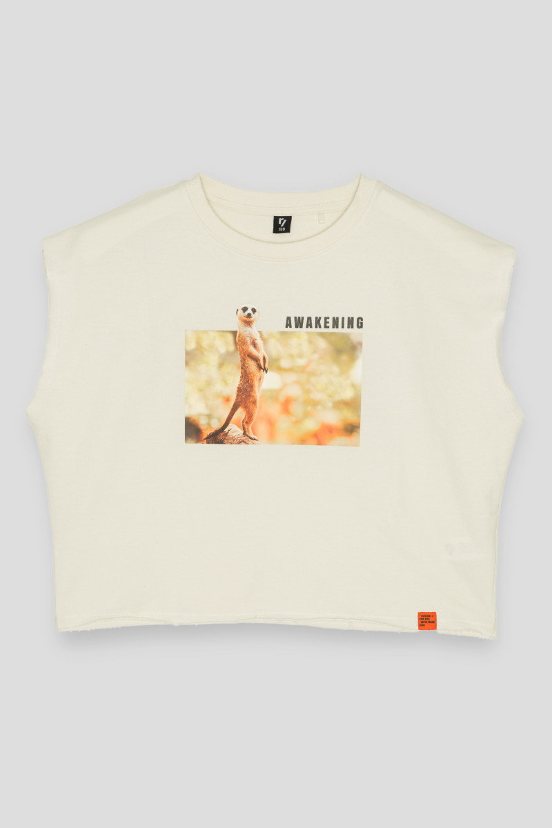 Kremowy szeroki T-shirt dziewczęcy z surykatką | Reporter