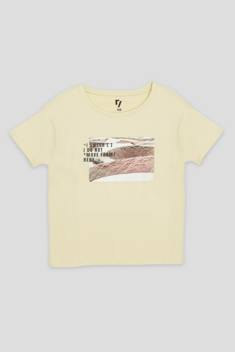 Beżowy T-shirt z nadrukiem dziewczęcy | Reporter 