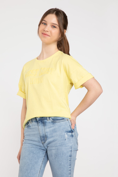 Żółty T-shirt z ozdobnym nadrukiem