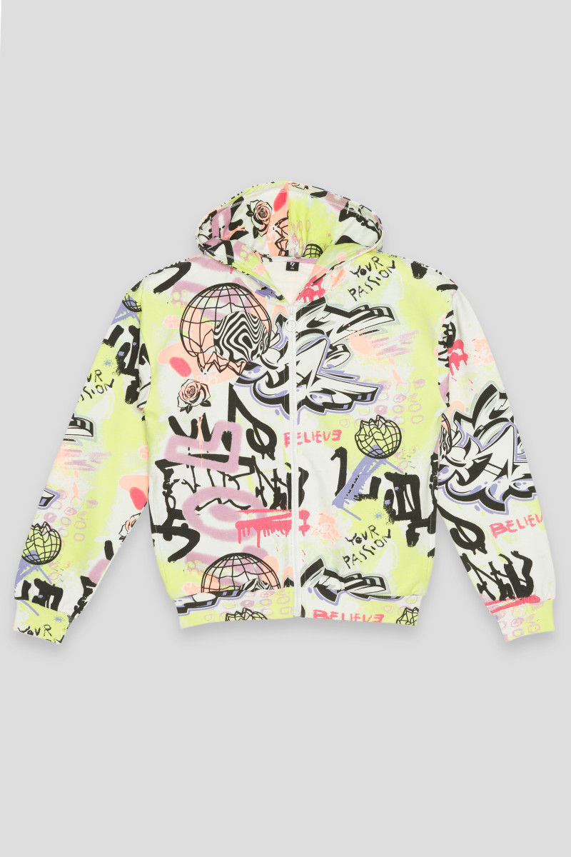 Wielobarwna rozpinana  bluza z kapturem z motywem graffiti
