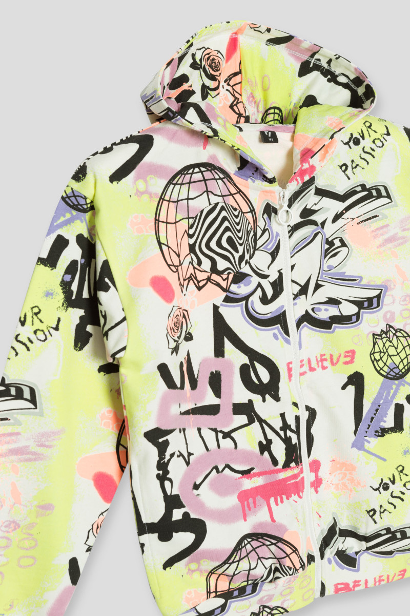 Wielobarwna rozpinana  bluza z kapturem z motywem graffiti