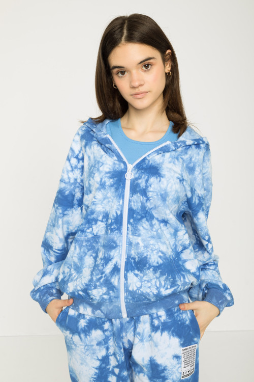 Niebieska rozpinana bluza dresowa z kapturem TIE DYE