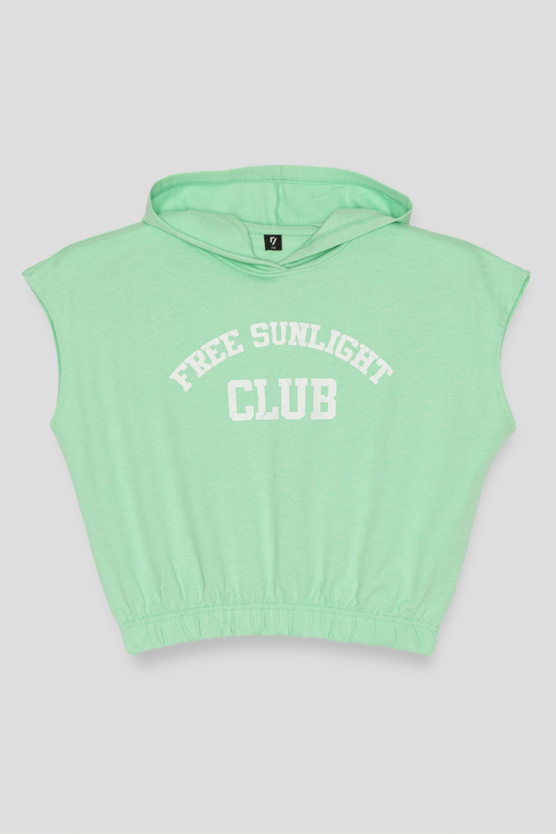 Miętowy dresowy bezrękawnik z kapturem