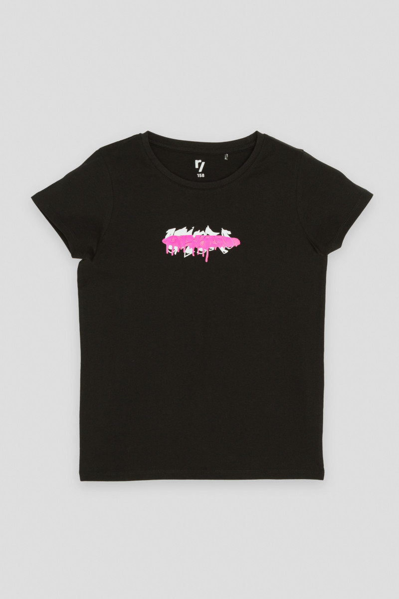 Czarny T-shirt z różowym nadrukiem graffiti