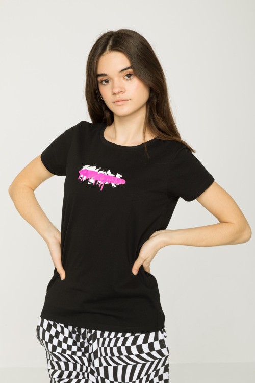 Czarny T-shirt z różowym nadrukiem graffiti