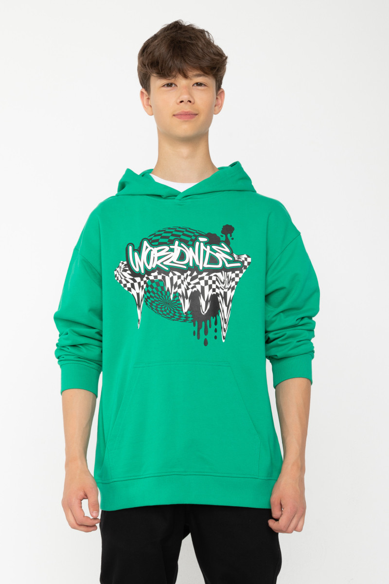 Zielona bluza dresowa z kapturem i nadrukiem, zielony