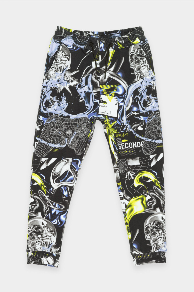 Wielobarwne spodnie dresowe z nadrukami na całości