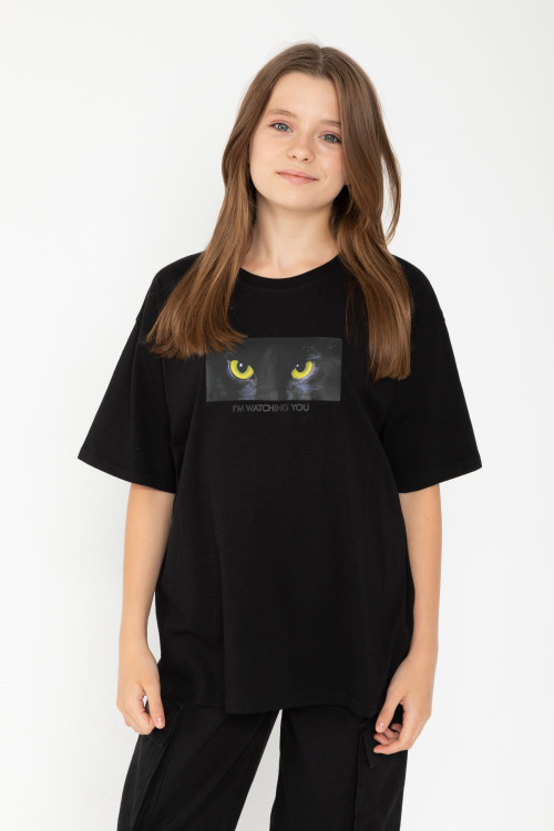 Czarny T-shirt oversize z nadrukiem z motywem kota