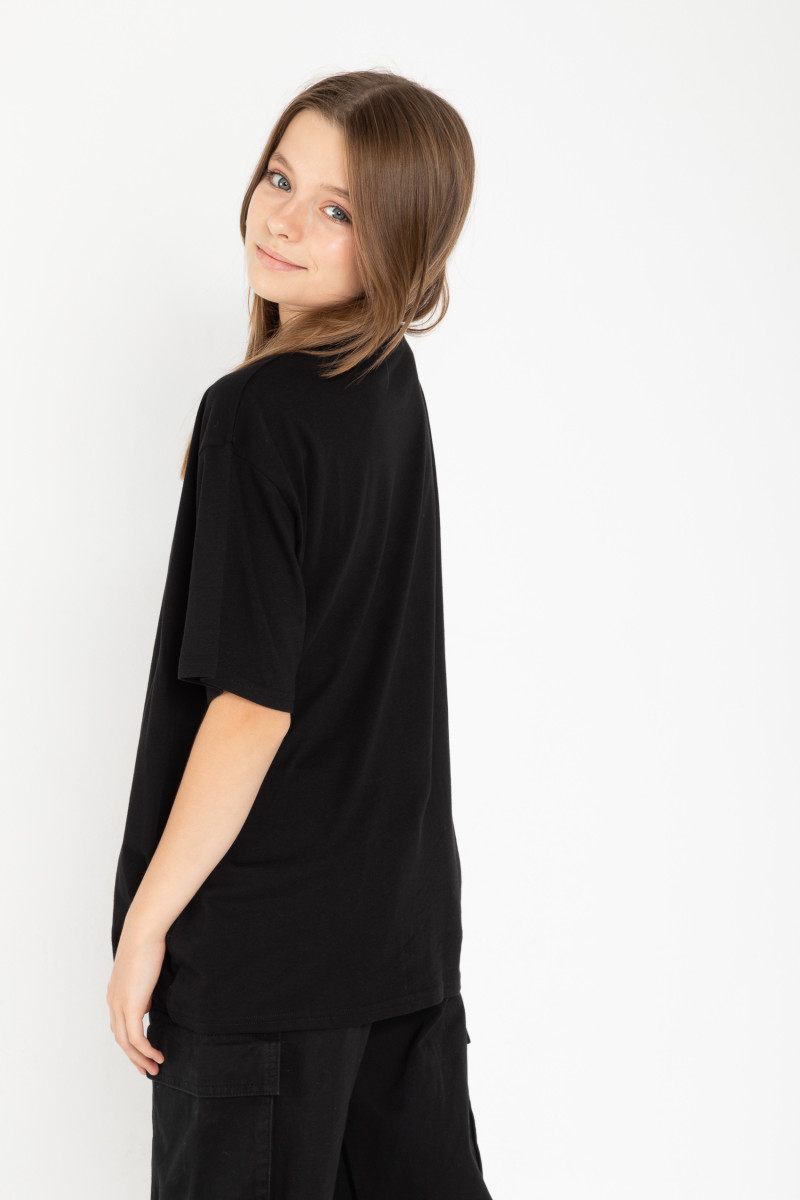 Czarny T-shirt oversize z nadrukiem z motywem kota