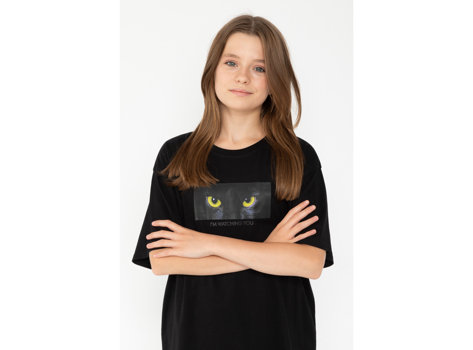 Czarny T-shirt oversize z nadrukiem z motywem kota