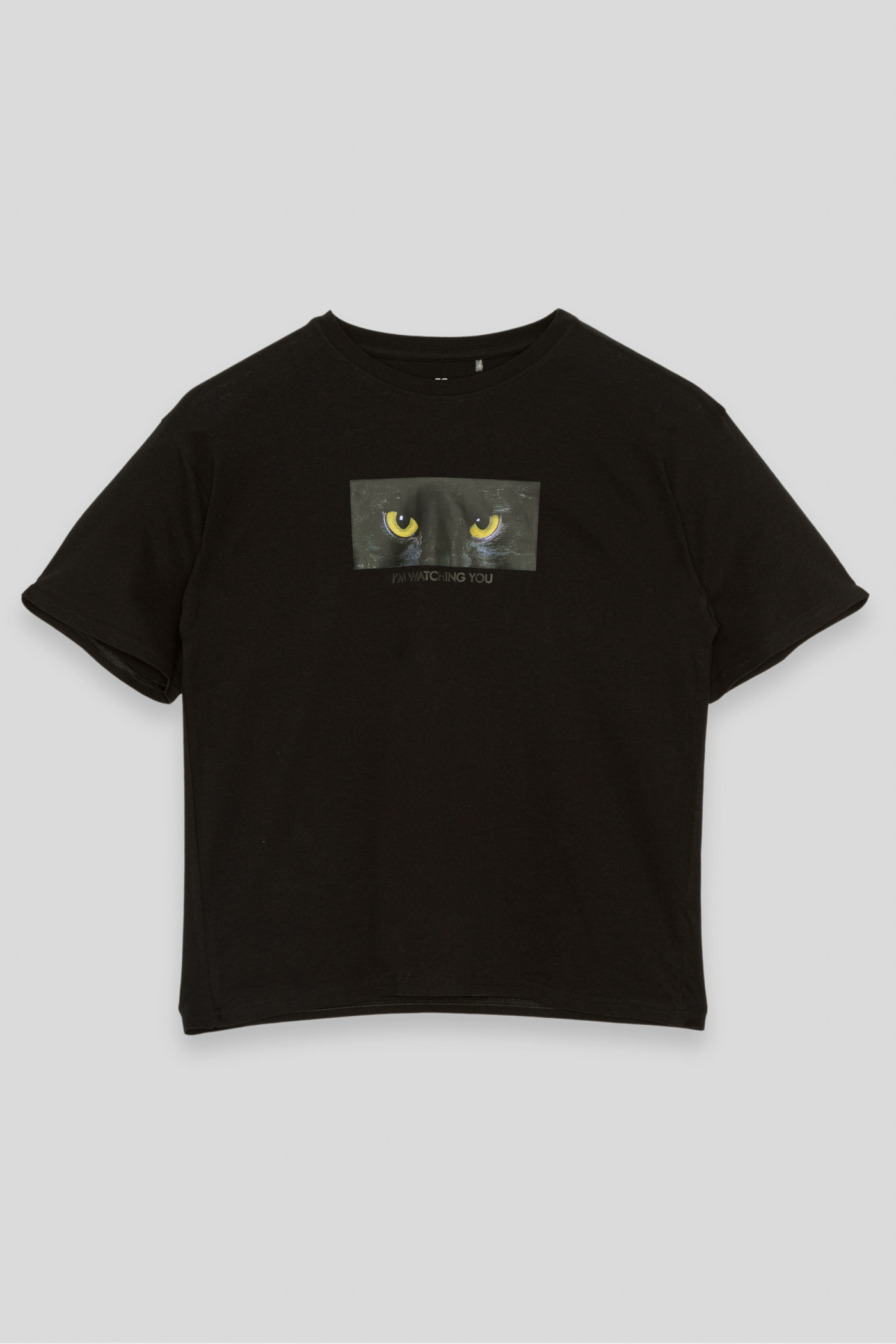Czarny T-shirt oversize z nadrukiem z motywem kota