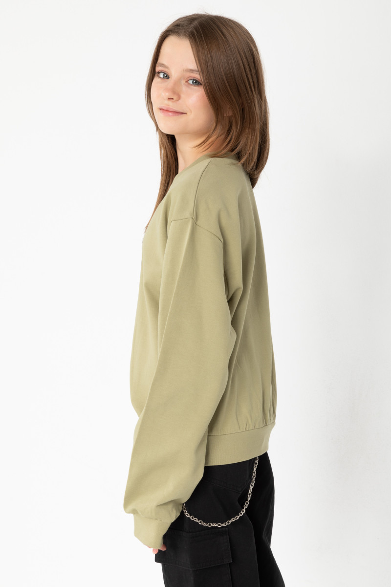 Oliwkowa bluza dresowa z nadrukiem z motywem kota