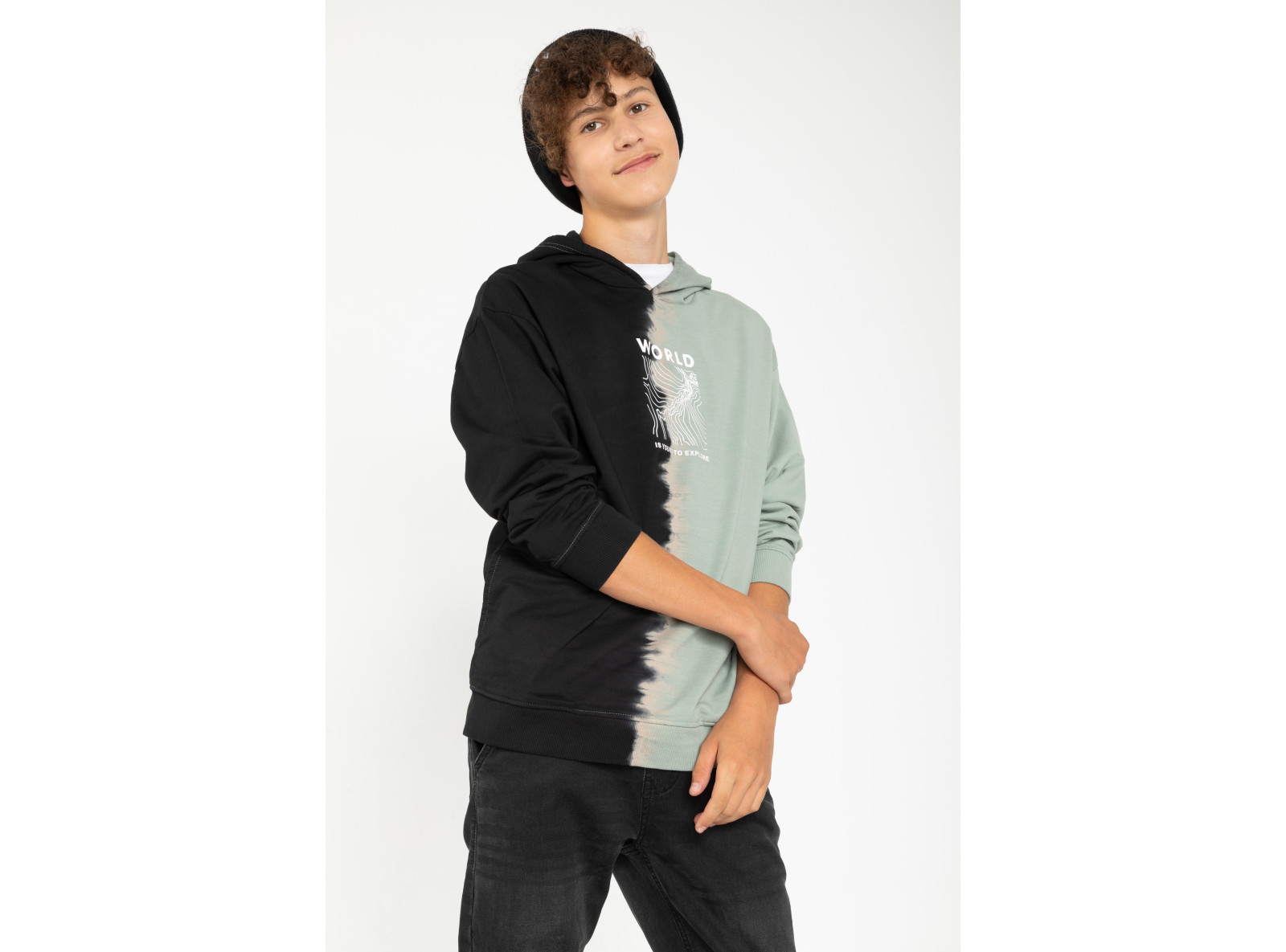 Czarno-zielona bluza dresowa tie dye z kapturem