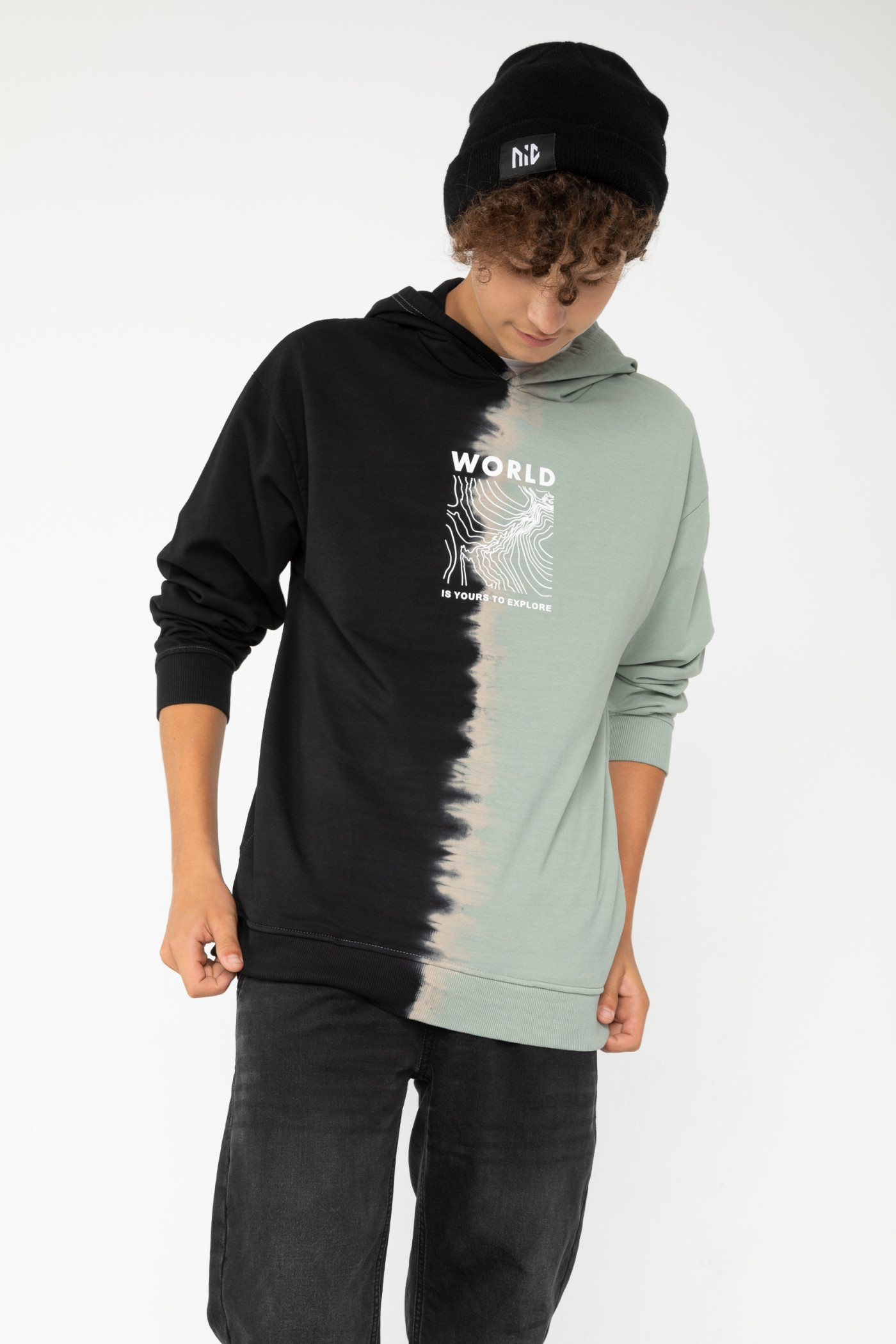 Czarno-zielona bluza dresowa tie dye z kapturem