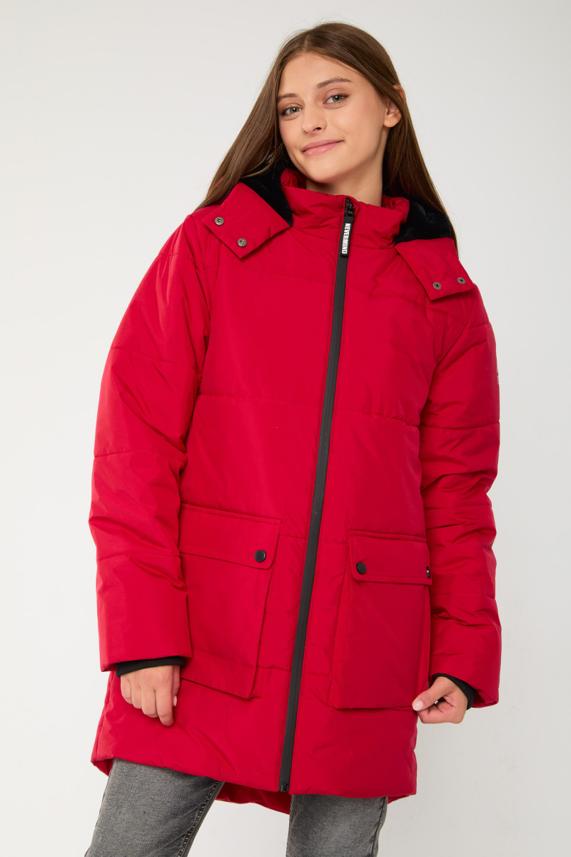 Czerwona przedłużana ocieplana kurtka z kapturem, czerwony