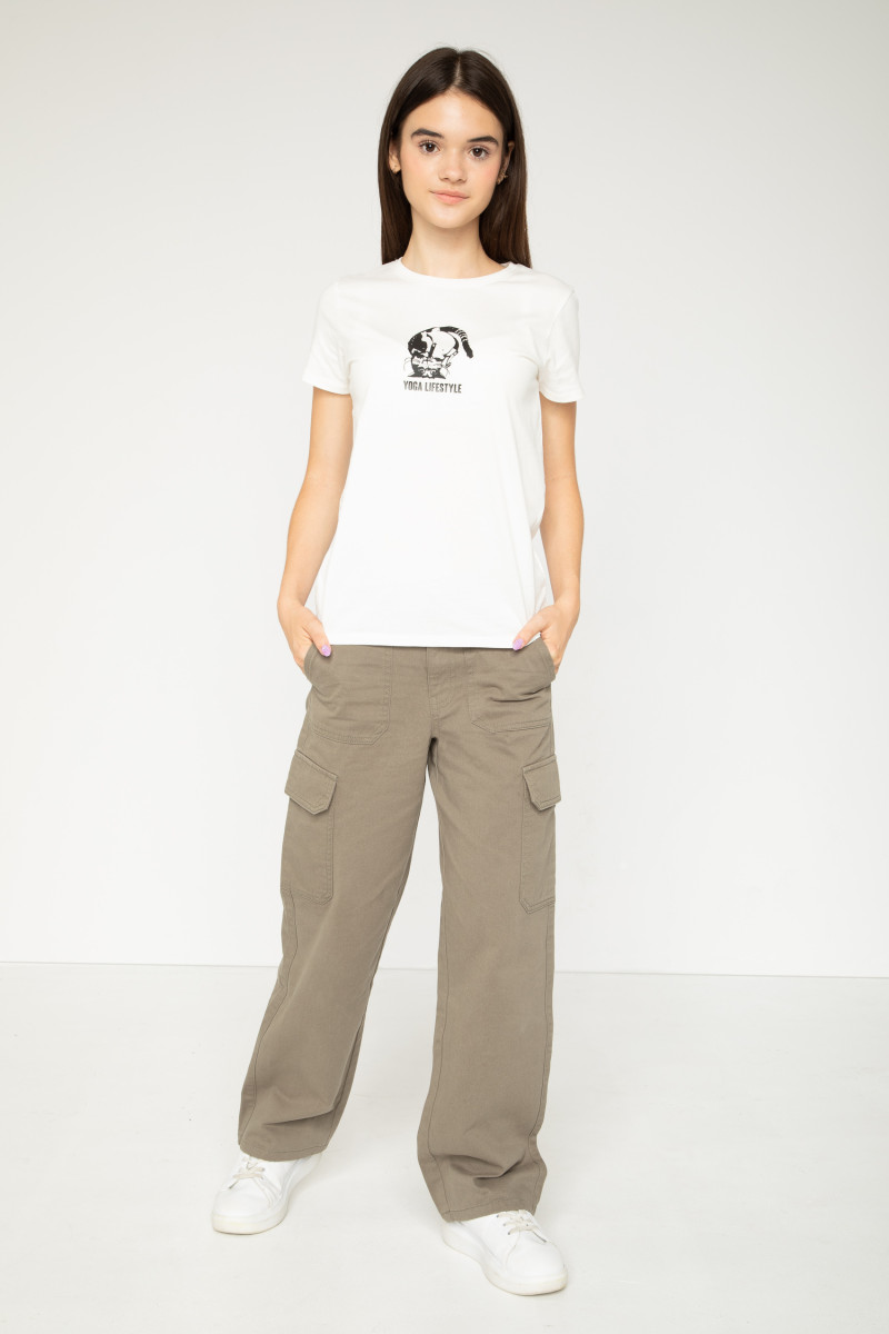 Kremowy T-shirt z nadrukiem na środku, kremowy