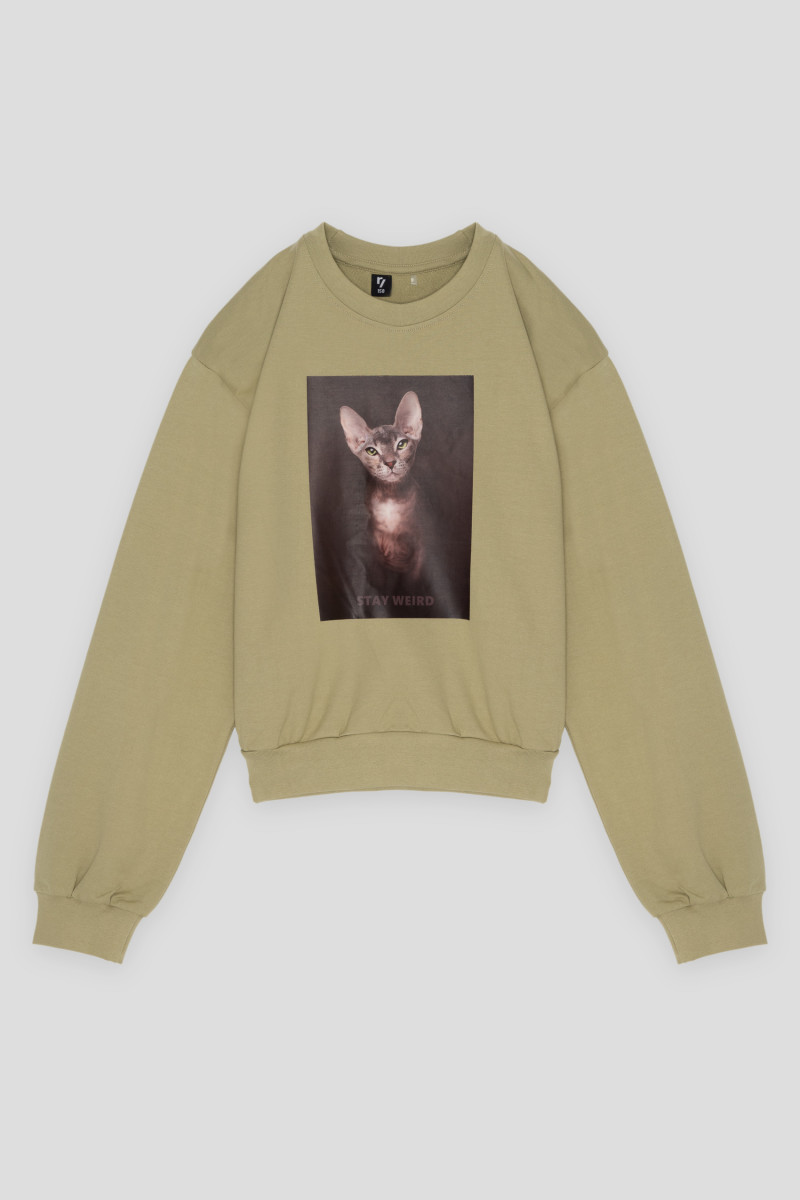 Oliwkowa bluza dresowa z nadrukiem z motywem kota