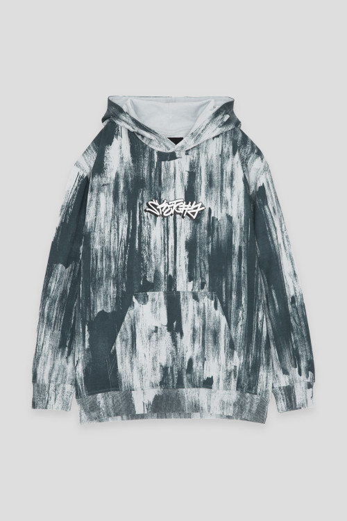 Niebieska bluza z nadrukiem tie dye i napisem