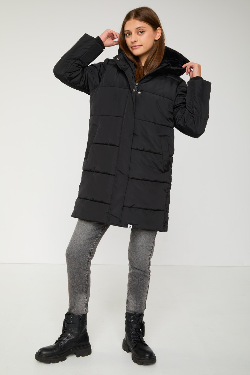 Czarna przedłużana ocieplana kurtka z kapturem
