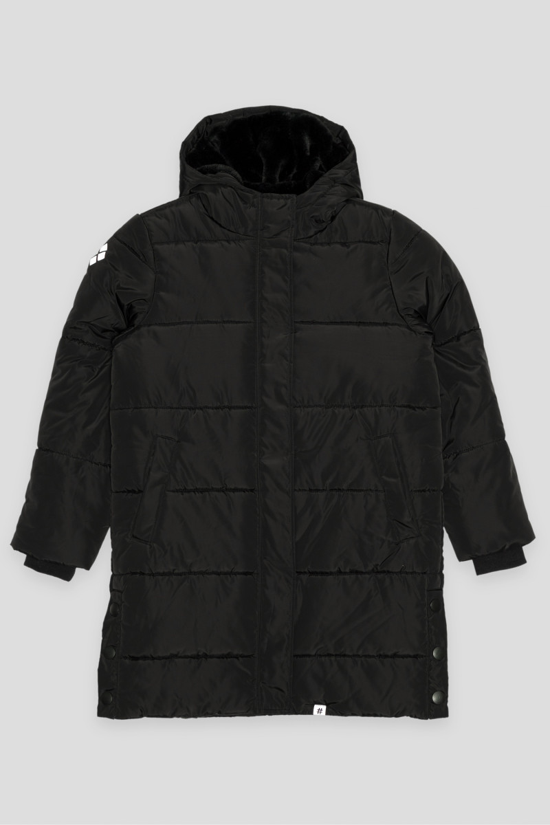 Czarna przedłużana ocieplana kurtka z kapturem